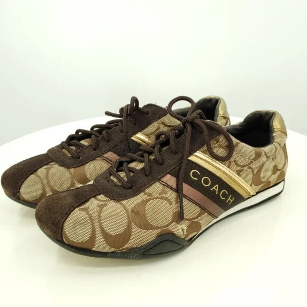 Coach Jayme Signature Suede/Canvas Sneakers 6 Brown/Tan/Gold